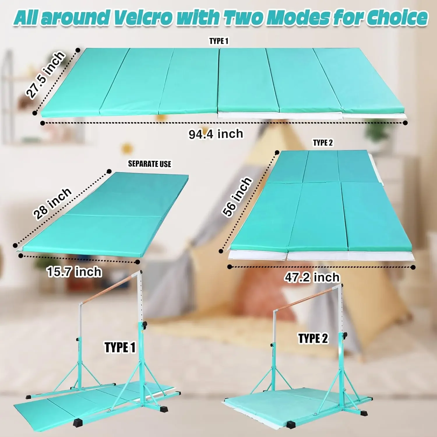 Barra de gimnasia, barras de gimnasia 5FTHorizontal, barra de gimnasia ajustable para niños de 5 a 20 años, 35,4" a 59"/45" a 71", límite de peso 500 LB