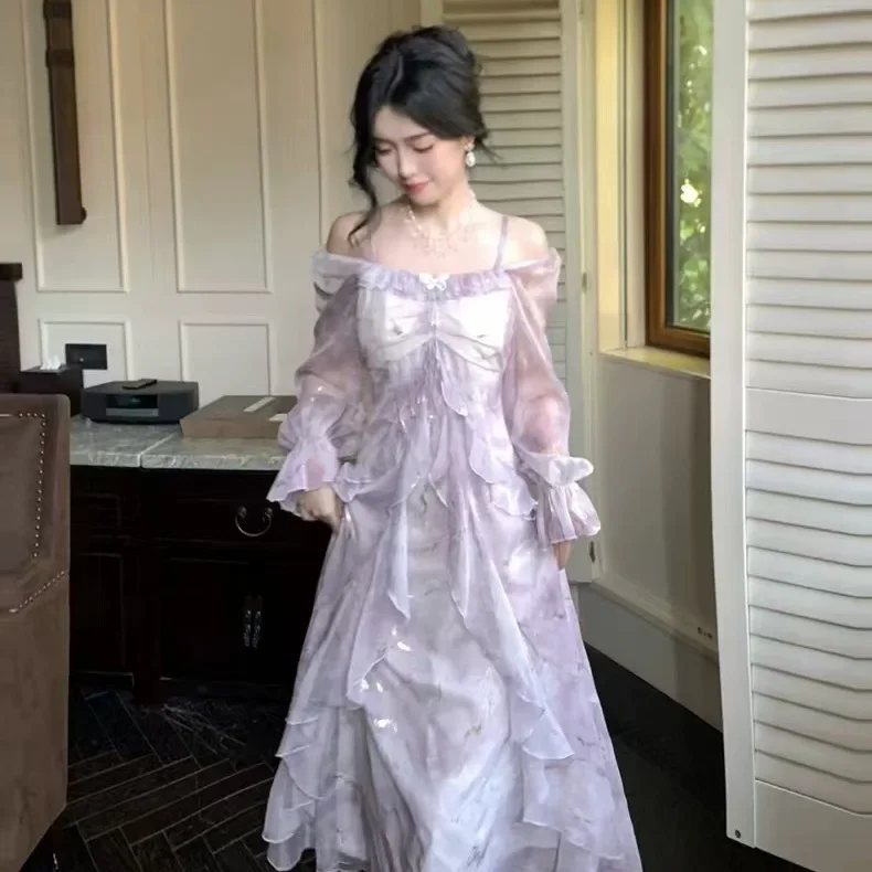 أنيقة الجنية الأرجواني التدرج فراشة الذهب تنقش فستان بكم طويل النمط الصيني خمر آخر فستان حافة ورقة فنية