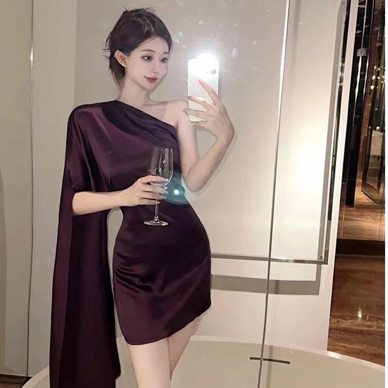 Kalanuqi الساتان ort Dr تصميم غير منتظم لون نقي Bodycon oulder Baring المرأة Faion Ele حصيرة Dr