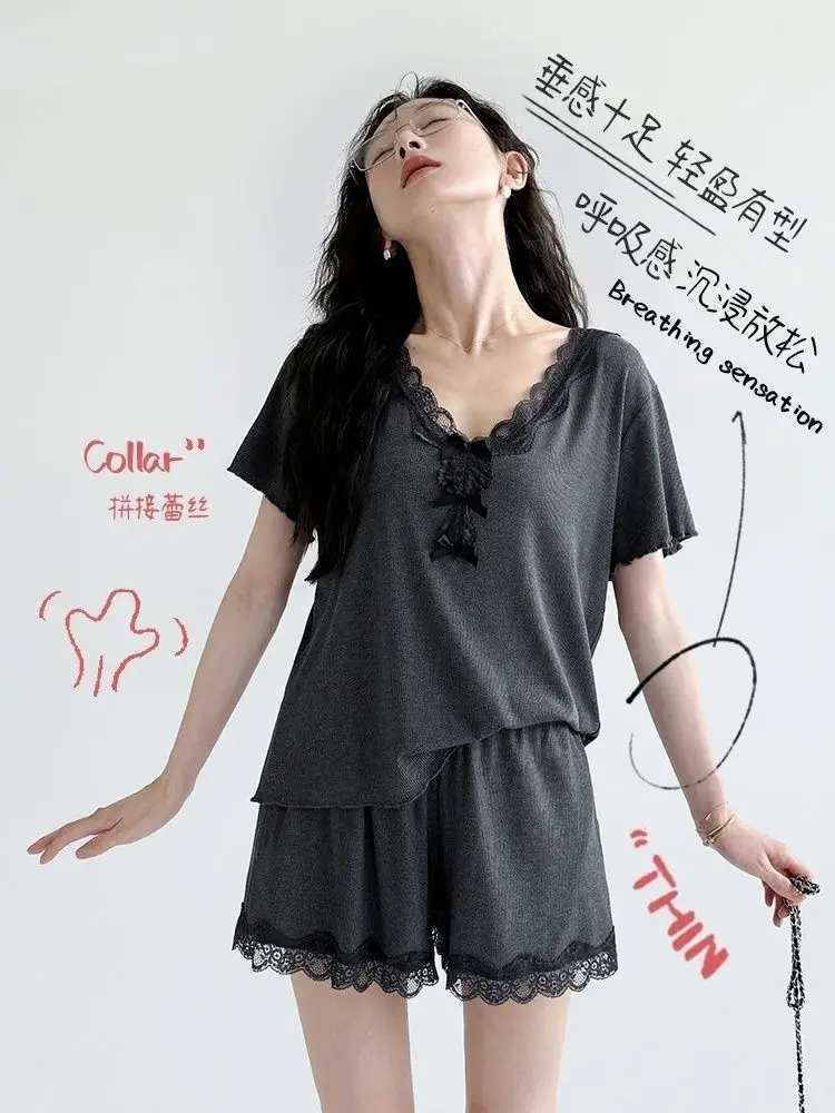 

150KG Extra Large Size Loose Pajamas Women Solid V-neck Short Sleeved Shorts Two-piece Set Casual Loungewear Can Be Worn Outside