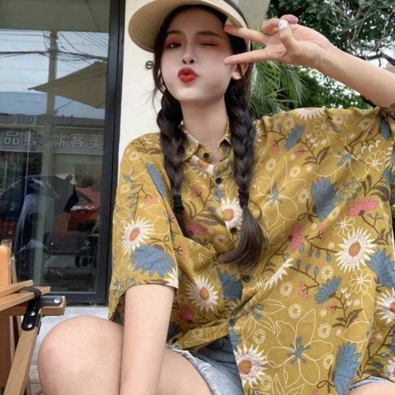 

Летние рубашки в стиле ретро, женские шикарные свободные рубашки с цветочным принтом и коротким рукавом, однобортные, с отложным воротником, универсальные, унисекс, повседневные, модные