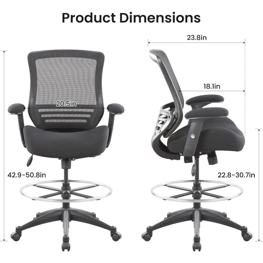 Cadeira de desenho de escritório de computador de malha ergonômica com braços ajustáveis super macios, almofada de assento de espuma moldada e suporte lombar-preto