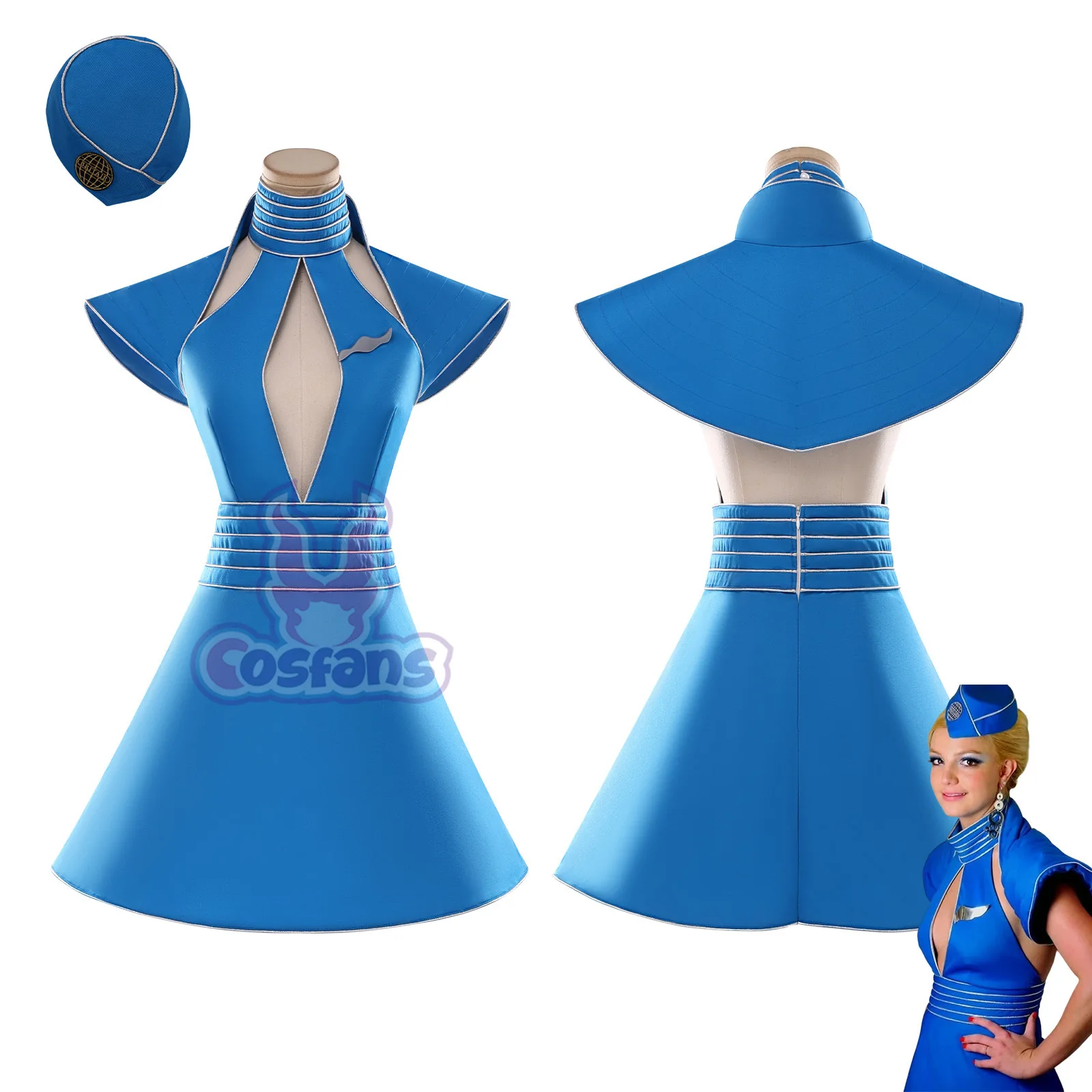 Disfraces de Britney, uniforme de azafata azul, traje de fiesta de Carnaval y Halloween para mujer, vestido de azafata Britney para mujer