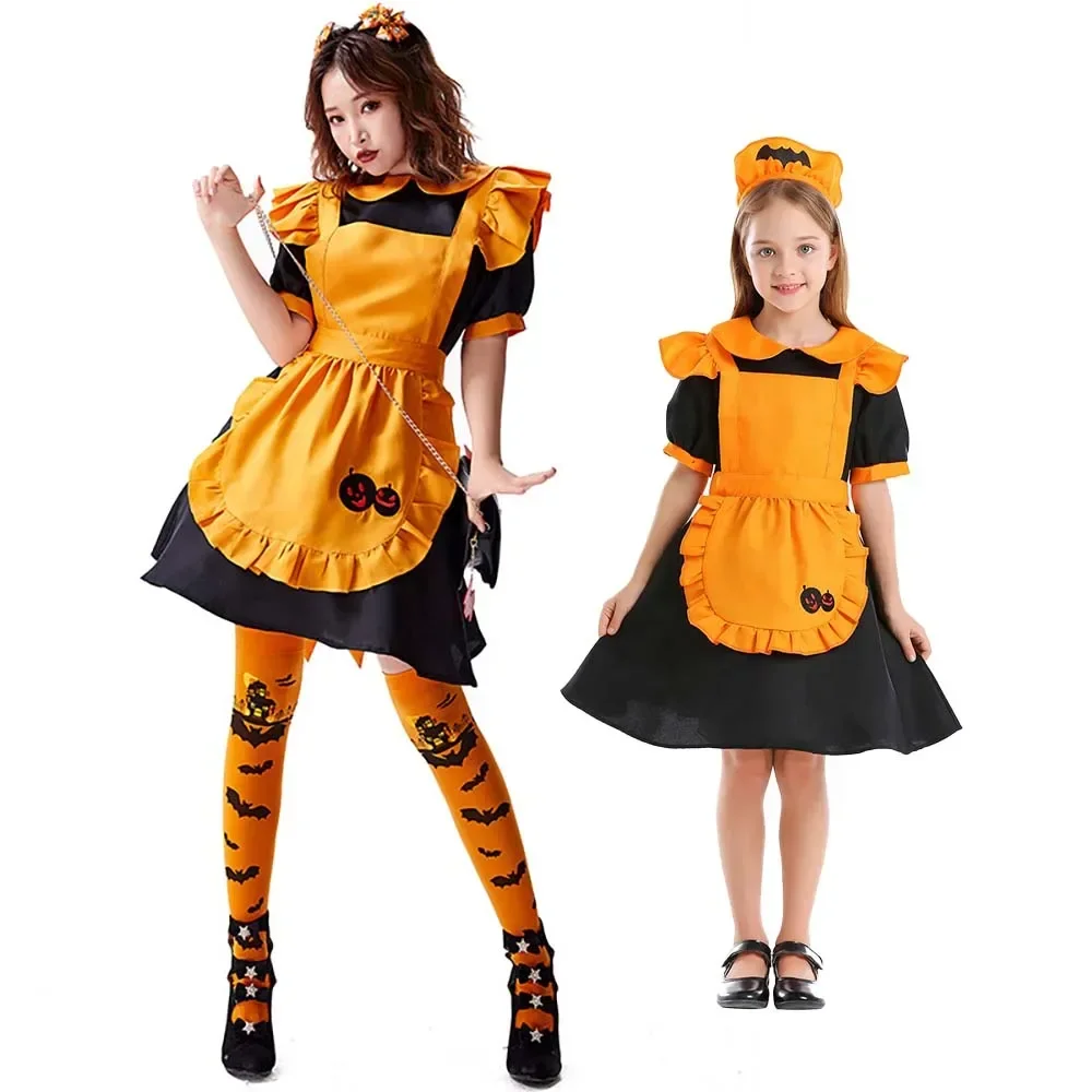 

Halloween Maid Cosplay Pumpkin Print Orange Apron Black Lolita Dress Cute Maid Uniform Women Girls Costumes Bat Headband