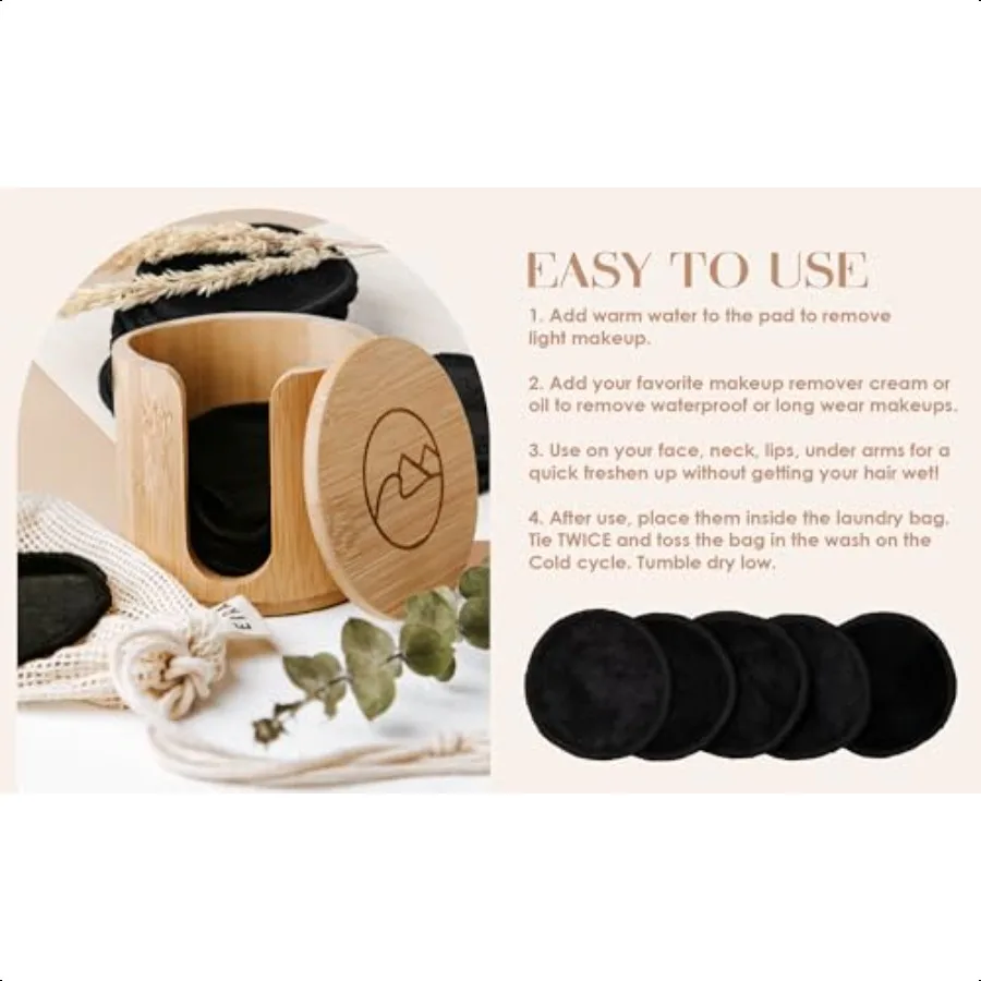 EIRA's Washable Makeup Remover Pads Black Bamboo Reusable Cotton Rounds with Wooden Holder. Makeup Remover Cloths EcoFriendly Z
