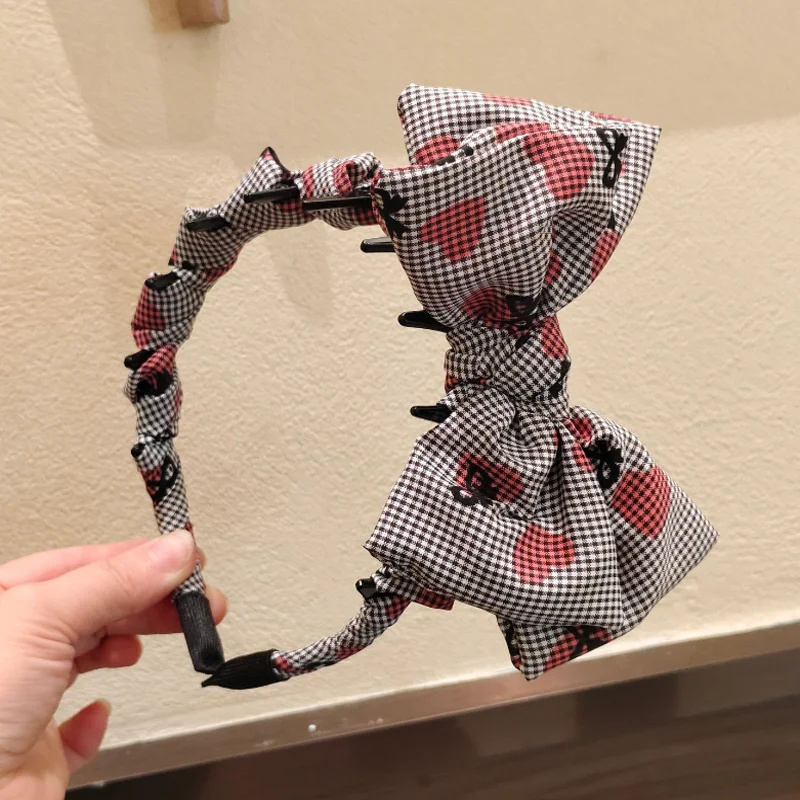 College Style Checkered Bow Headband Hair Bands Vintage Heart Print Fabric Hairband Hairpin view 2