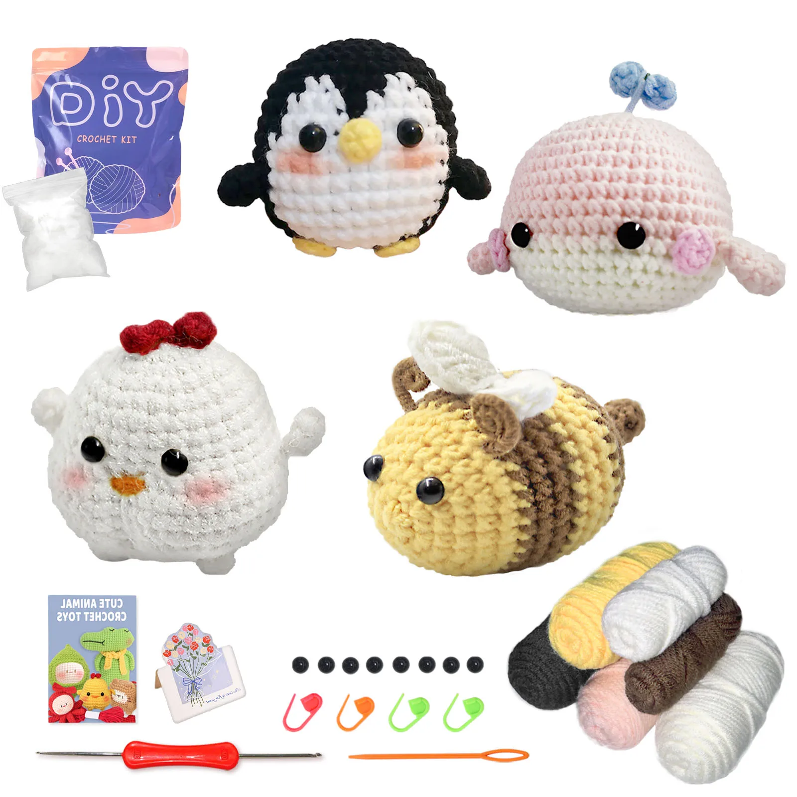 YAMAXIN Crochet Kit for Beginners-4 Pack Whale Chick Penguin Bee Crochet Animal Easy Learn to Starter Amigurumi Knitting Kit