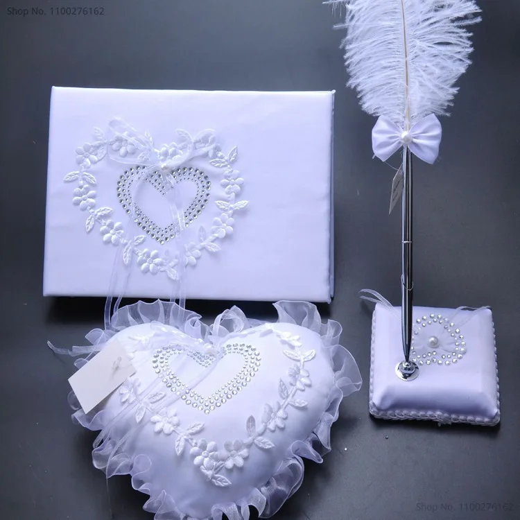 White Wedding Ring Pillow Vintage Wedding Guest Book and Pen Set Party Wedding Signature Guest Book Hearts Wedding Guestbook