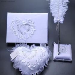 White Wedding Ring Pillow Vintage Wedding Guest Book and Pen Set Party Wedding Signature Guest Book Hearts Wedding Guestbook