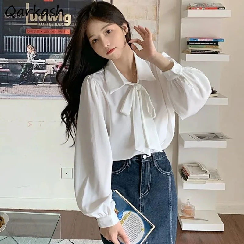 Camisas blancas con lazo para mujer, ropa informal de manga larga para estudiantes Ulzzang, ropa sencilla que combina con todo, Tops elegantes y