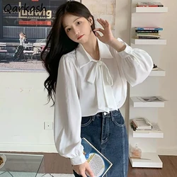 Camisas brancas com laço para mulheres, manga comprida, tops elegantes e aconchegantes, roupas diárias simples e casuais, Ulzzang, Ulzzang combina com tudo, moda para estudantes, primavera