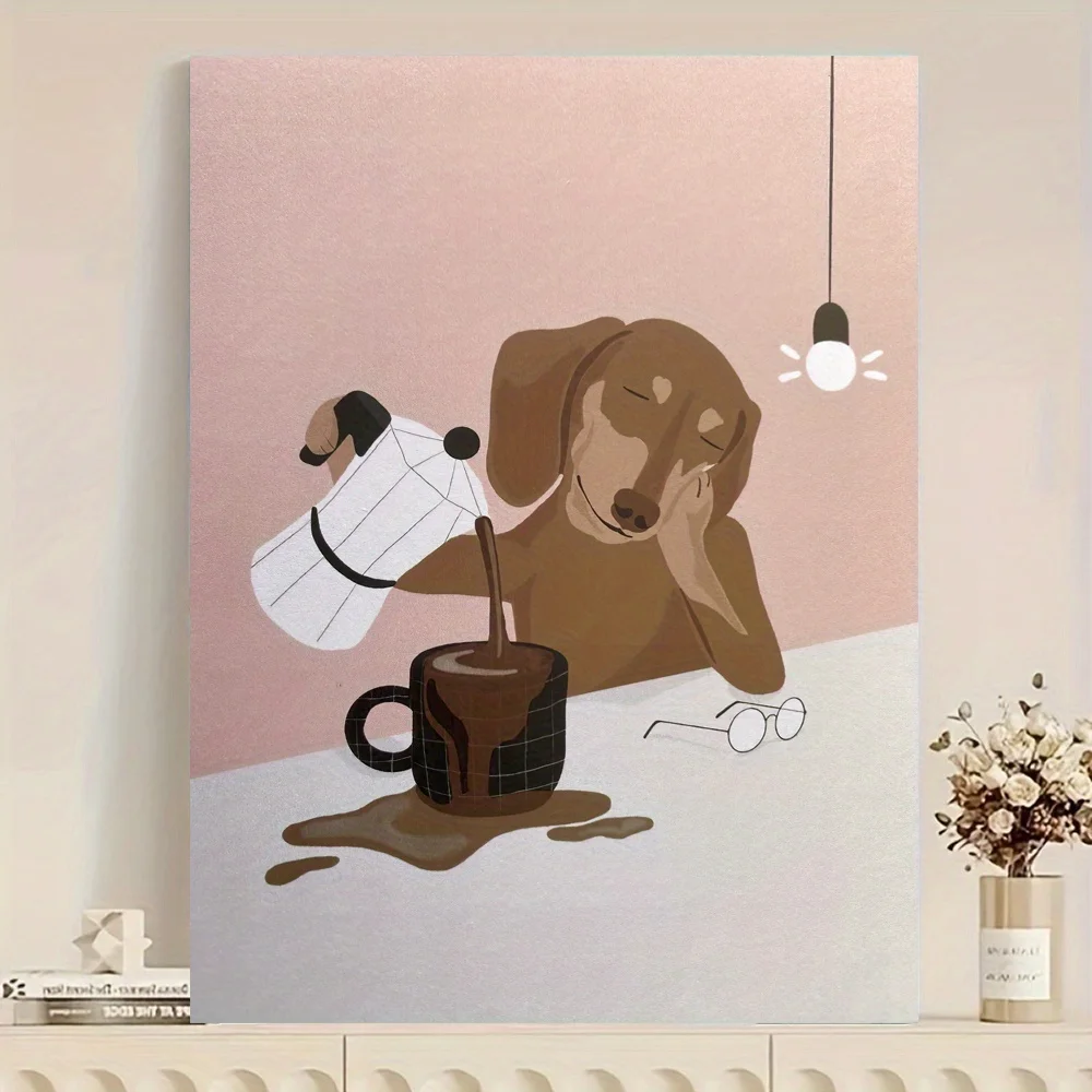 

Frameless Whimsical Coffee-Drinking Dog Canvas Art Print Reusable Modern Wall Decor Cartoon Style Animal Poster for Living Room