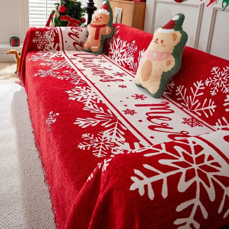 Christmas Sofa Cover with Tassel Couch Towel Machine Washable Holiday Theme Red Grids Sofa Slipcover for Living Room Decor