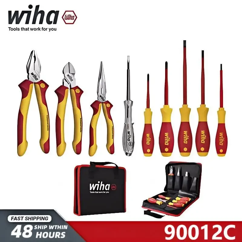 Wiha 9 Pieces VDE Insulated 1000V Combination Pliers and Screwdrivers Tool Set with Bag No.90012C