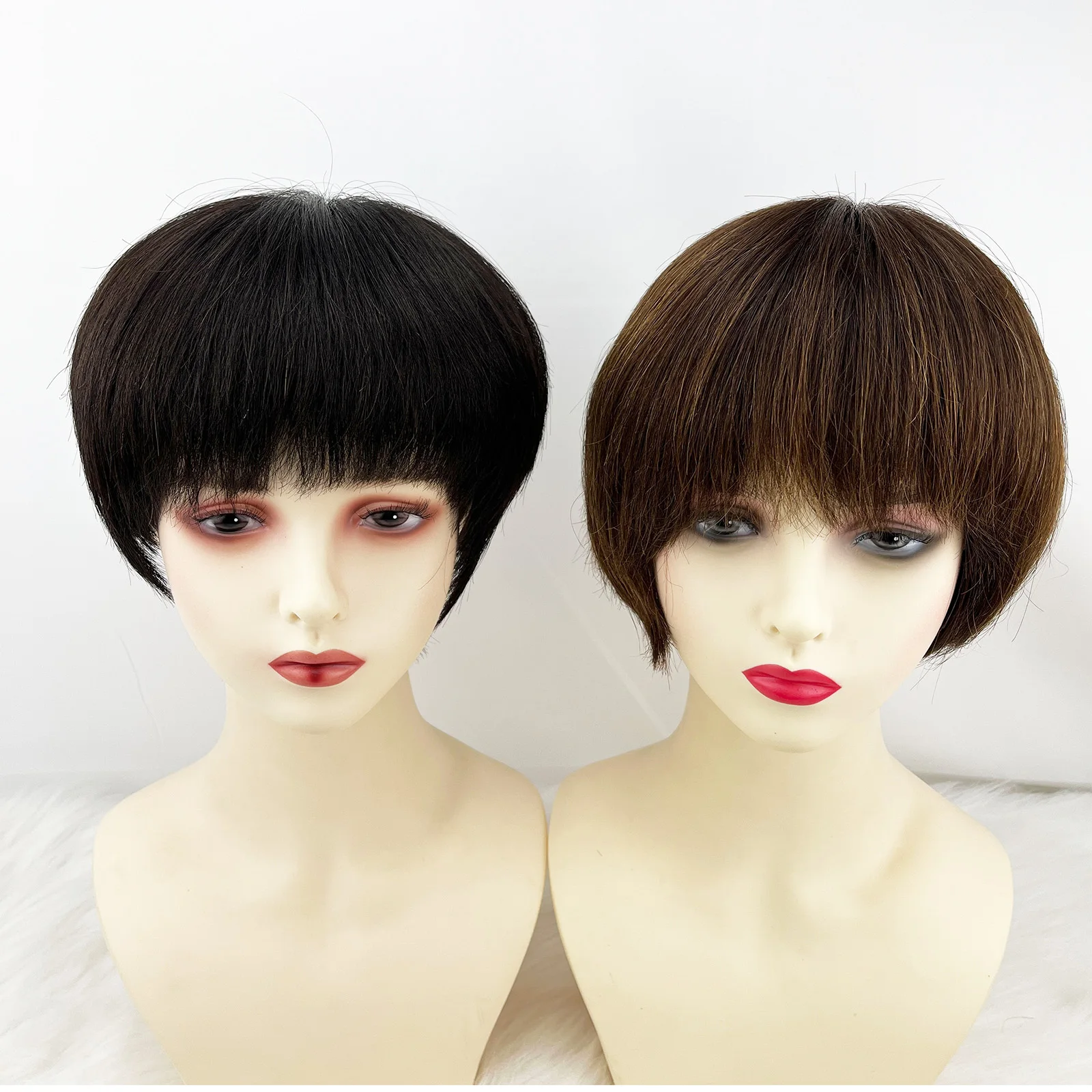 شعر مستعار قصير بوب 100% شعر بشري حقيقي بني داكن مستقيم كامل اليد مربوطة الدانتيل قاعدة الحرير تاج علوي مع الانفجارات الهوائية للنساء #3