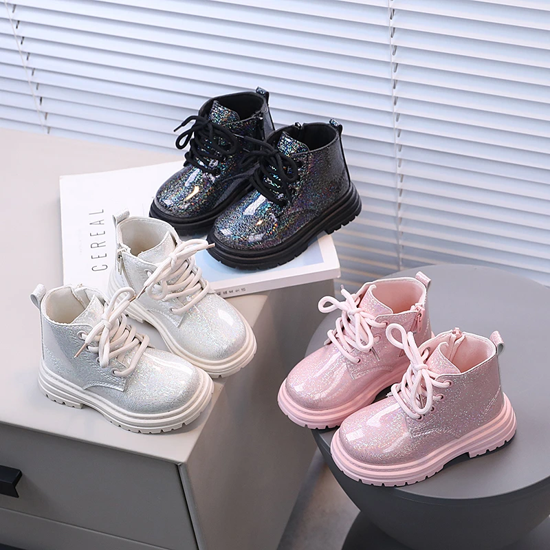 Kid's Shoes Girls Shiny Round Toe Short Boots Autumn Winter Fashion Anti-Slip Retro Children's Shoes Simple Design 21-30