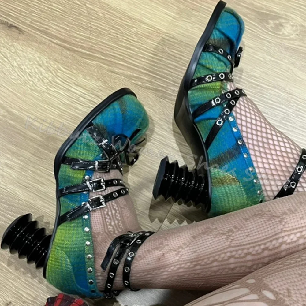 

Punk Ballerina Mary Jane Pumps Tweed Plaid Square Toe Round Heel Mixed Color Belt Buckle Rivet Novelty Elegant Women Shoes New