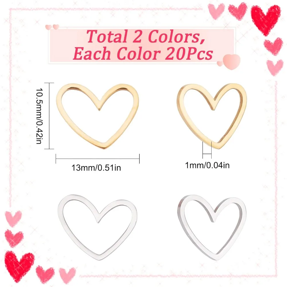 1 Box 40Pcs Open Bezels Heart Charms Linking Rings Valentine's Day Stainless Steel Heart Charm Frame Love Links Connectors