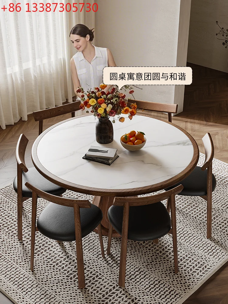 Retro solid wood rock slab round dining table Chinese medium and ancient style round dining table