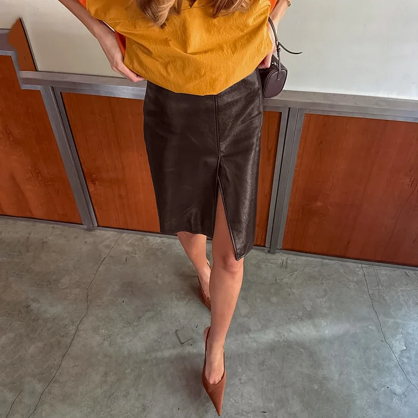 Street Chic Brown PU Split Skirts Women 2026 Fashion Slim High Waist Straight Skirts Casual Knee Length Skirt Female Fall