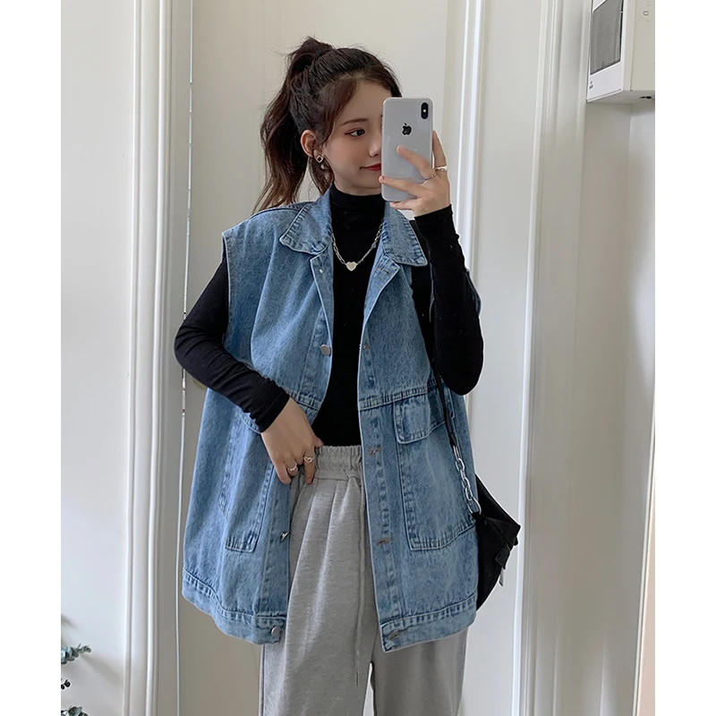 Oversize Women Denim Vest 2024 Spring Autumn Sleeveless Single Breasted With Pockets Loose Waistcoat Female Casual Outerwear