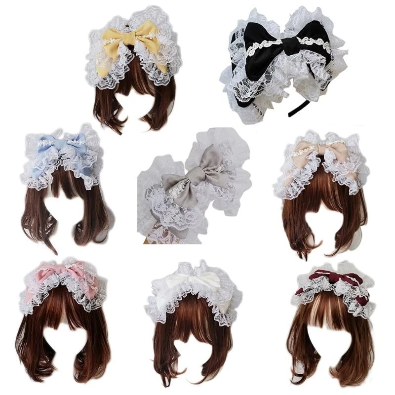 

652F Lovely Sweet Hairband Maid Cosplay Headband Ruffled Lace Headwear Handmade Double Layer Bowknot Hair Accessory