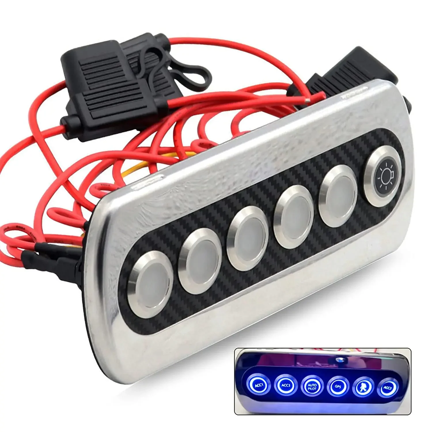 

6 Gang Ignition Toggle Rocker Push Button Switch Panel Carbon Fiber Panel Surface Blue LED Light Modification for Yacht RV Boat
