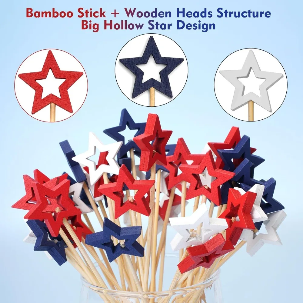 Mixed Red White Blue Star Cocktail Picks, 5.5 Inch Bamboo Toothpicks for Appetizers, Decorative Party Food Garnish Fruit Skewer Sticks 50 Counts - view 3