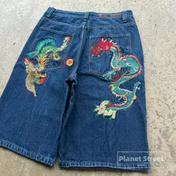 New Dragon embroidery jeans men Y2k denim short harajuku vintage straight long streetwear pants hip hop trousers men clothing