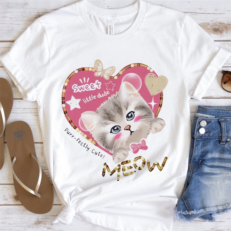 Sweet Little Dude Cat In Heart Printed Women's Summer Casual T-Shirt Fashion Top Clothing Kawaii Basic Short Sleeve O-Neck T-Shi