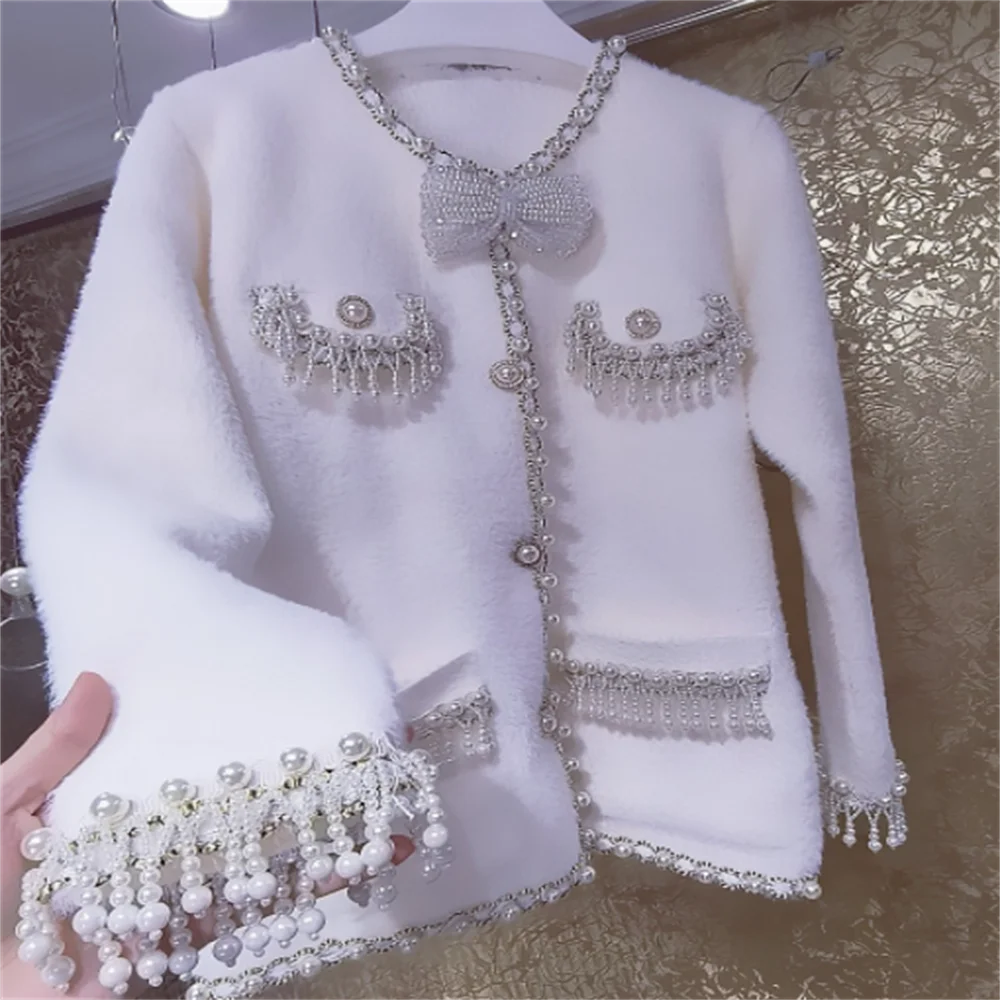 

Fashion sweet heavy industry new pearl tassel thickened bow sweater girl knit jacket women