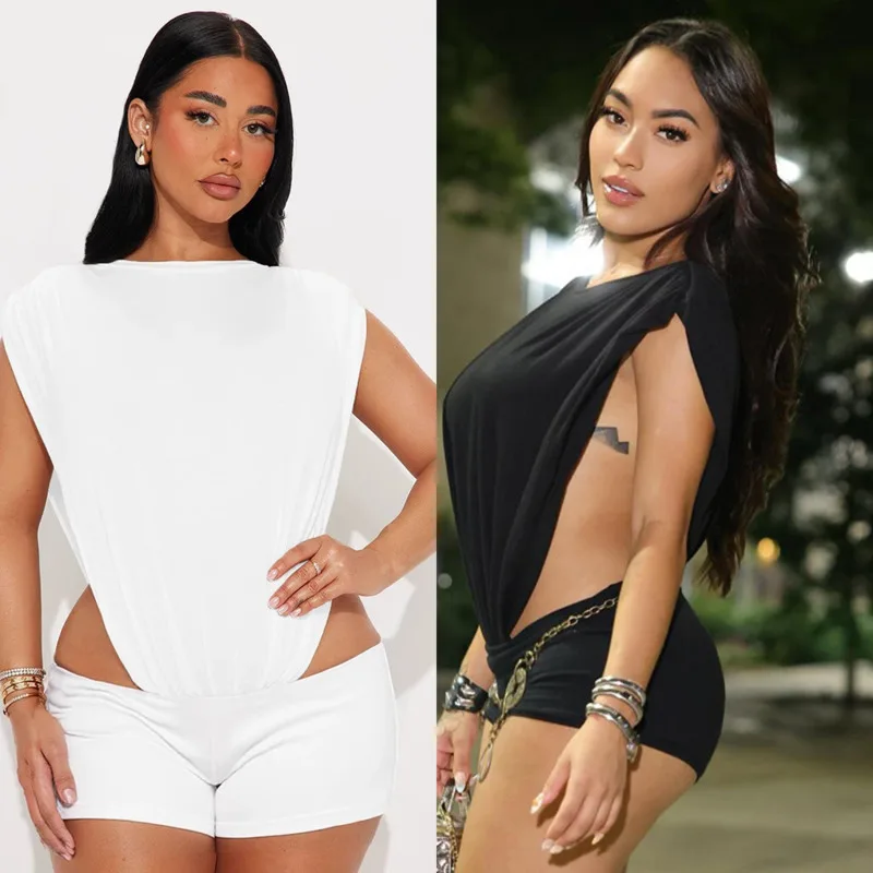 

Summer Women Sexy 2 Piece Set Featuring Ruched O Neck Sleeveless Hollow Out Top High Waist Skinny Shorts Perfect Club Party Look