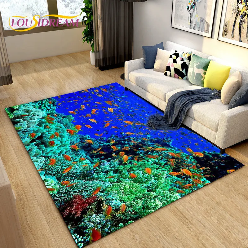 3D Underwater World Sea Turtle Dolphin Area Rug Large,Carpet Rug for Living Room Bedroom Sofa Doormat Kitchen,Non-slip Floor Mat