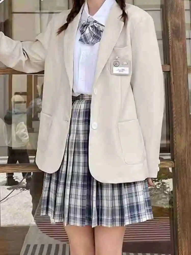 2025, Frühling und Herbst, weißes JK-Uniform-Set, College-Stil, Damen-Blazer, Langarm-Shirt, blau, kurzer karierter Rock