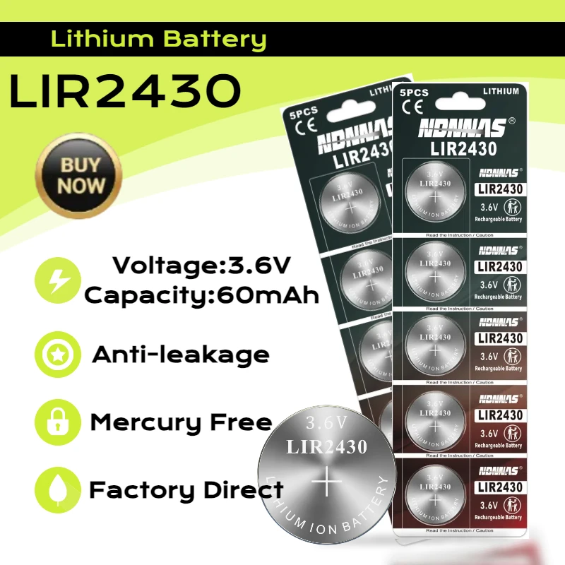 

LIR2430 3.6V Lithium Rechargeable Battery Replace CR2430 For Watch Calculator Camera Clocks Tablets Remote Control