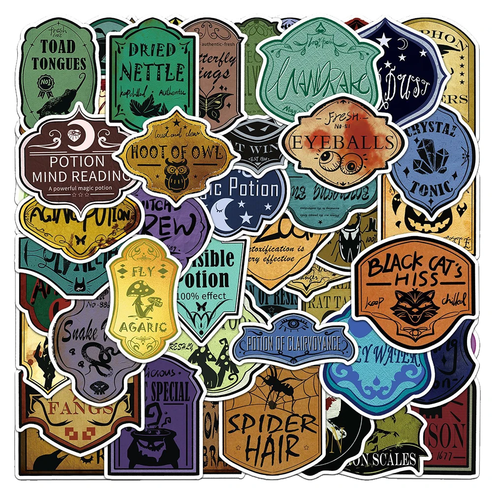 10/30/50pcs Retro Magic Potion Witch Label Stickers Cool Cartoon Halloween Decals Decoration DIY Skateboard Phone Guitar Sticker