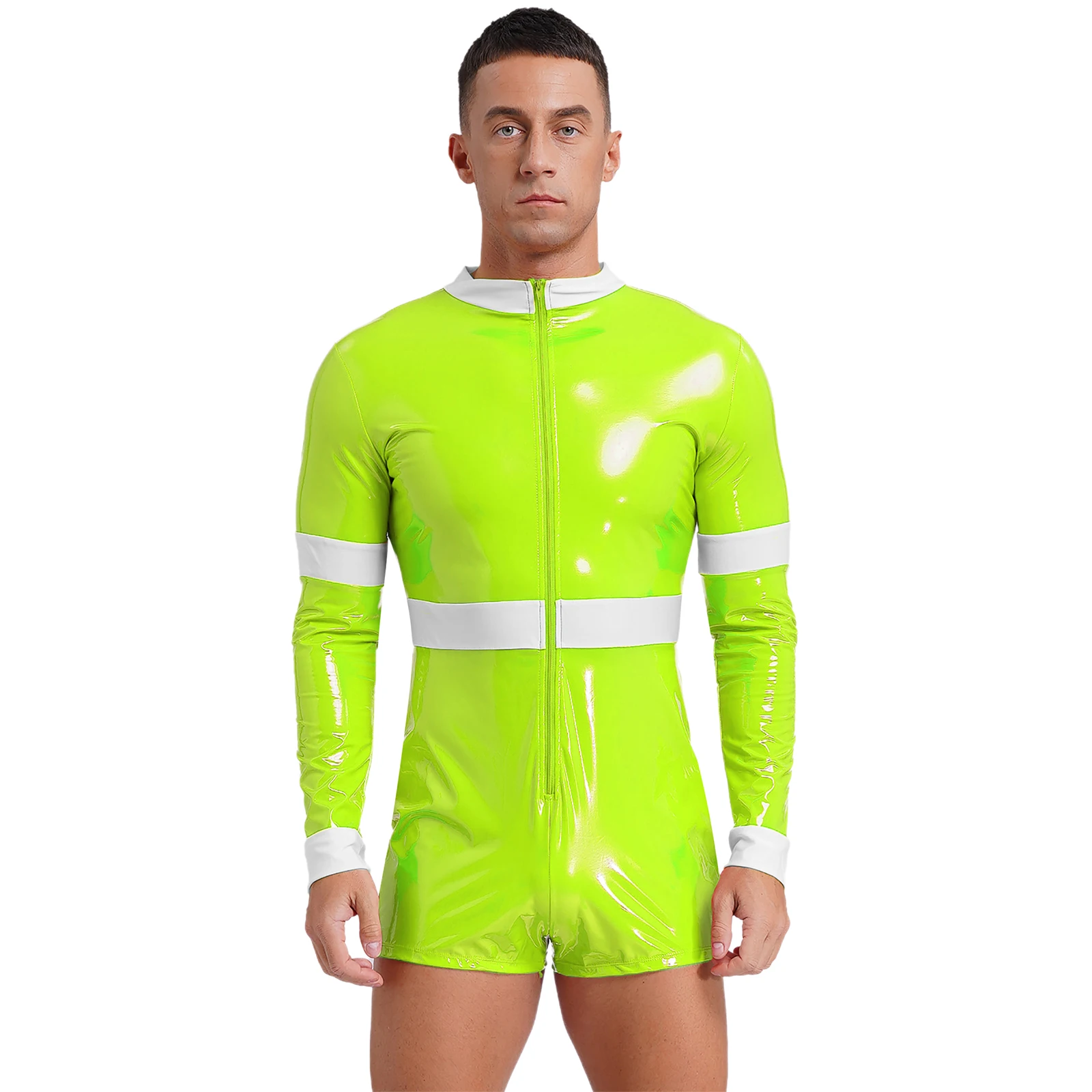 Mens Halloween Firefighter Cosplay Costume Sexy Lingerie Patent Leather Jumpsuit Long Sleeve Zipper Boyshorts Bodysuit Rompers