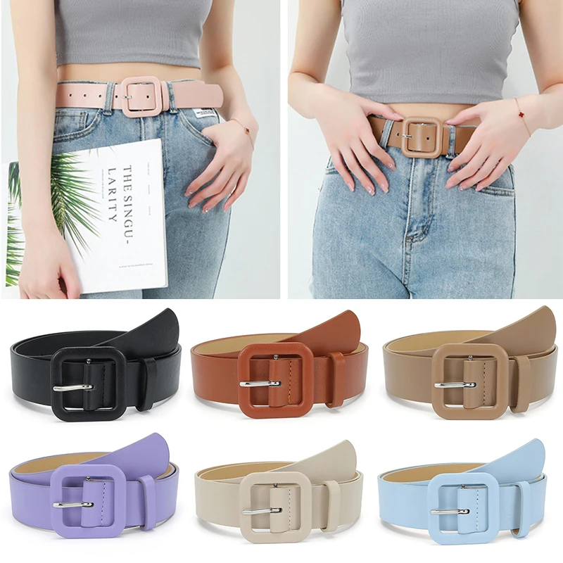 2023 Candy Color Women Belts New PU Leather Simple Square Pin Buckle Belt Adjustable Dress Jean Pants Waistband For Lady Luxury