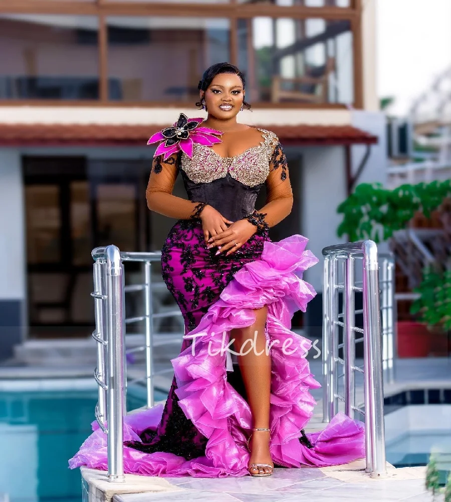

Luxury Hot Pink Nigeria Prom Dress With Slit 2025 Gorgeous African Mermaid Plus Size Evening Dress Oranza Ruffles Customized