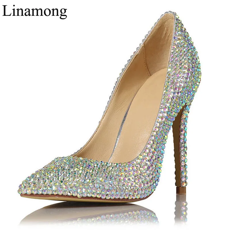 

Luxury Full Rhinestone Wedding Pumps Glitter Crystal Stiletto Heels Pointed Toe 10 cm High Heels Ladies Evening Dress Shoes