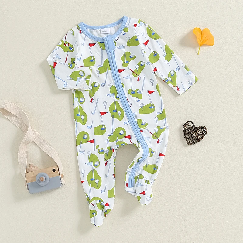 0-12M Baby Boy Girl Golf All-over Print Rompers Round Neck Long Sleeve Full Length Footed Zipper Jumpsuit for Fall