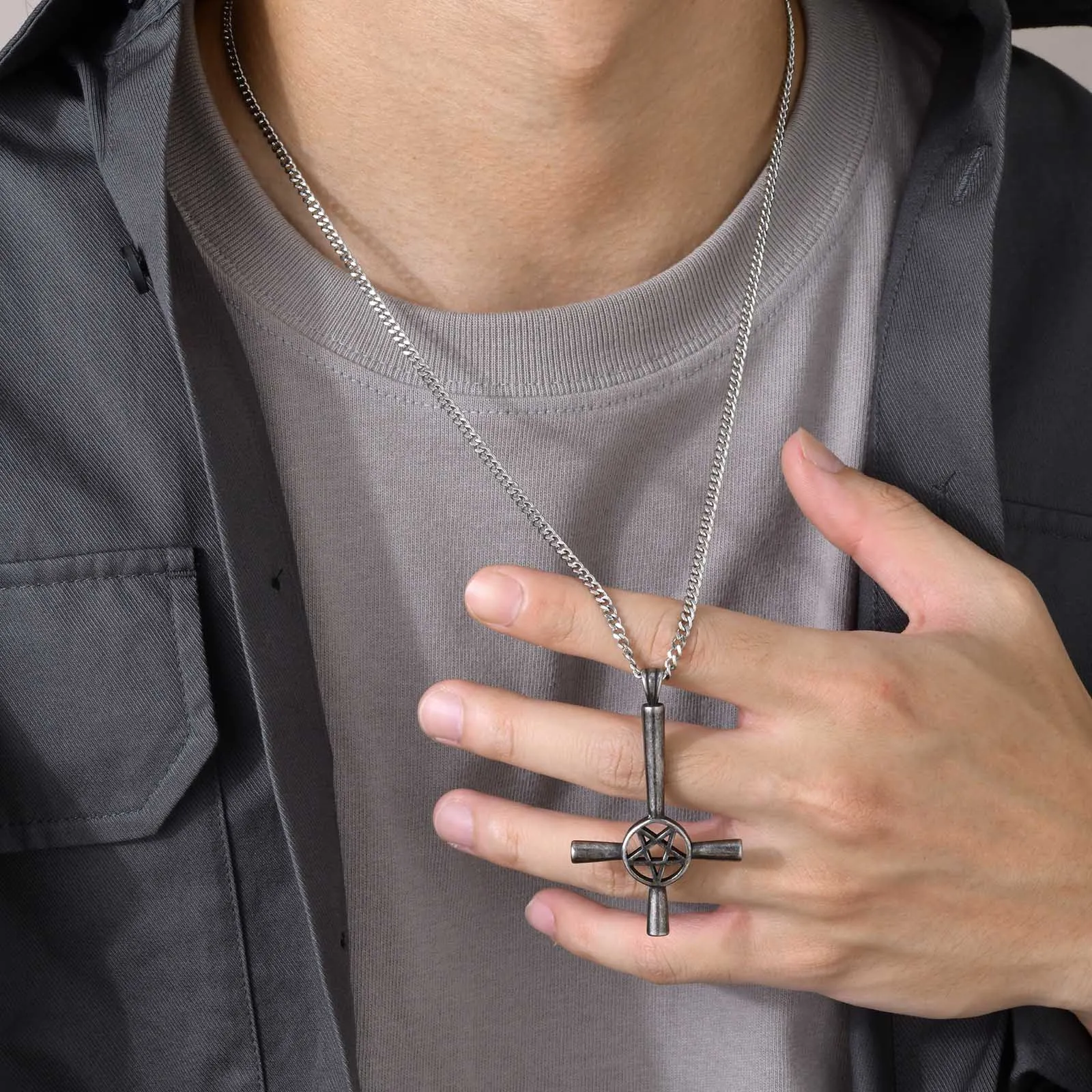 

Cool Punk Upside Down Inverted Cross Satan David Star Pendant Necklaces for Men,Vintage Cuban Chain Collar Gifts Jewelry