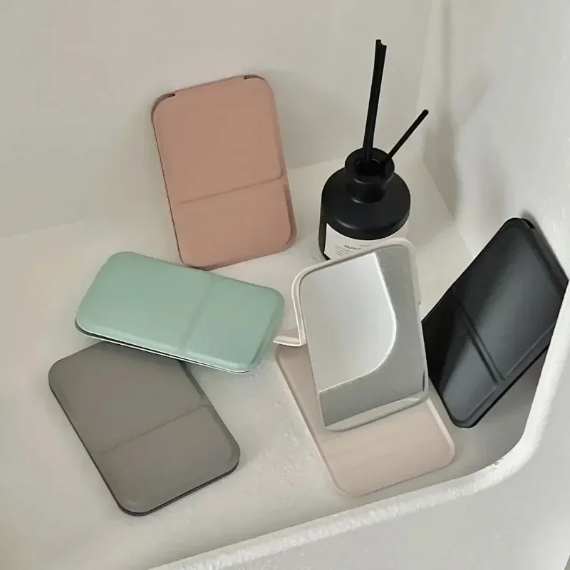 

Desktop Makeup Mirror Solid Color PU Leather Simple Portable Handheld Makeup Mirror Foldable Student Compact Cute Pocket Mirror