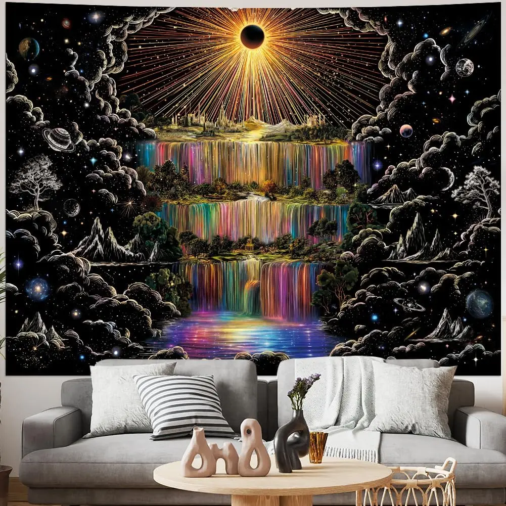 Tapiz de Cascada Cósmica de Fantasía, Estilo Indie Vintage, Decoración de Pared con Galaxias, Planetas y Eclipse Solar para una Decoración Estética del Hogar