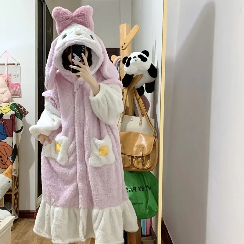 Kawaii Sanrio MyMelody Anime Plush Pajama Dress New Cute Princess Winter Home Flannel Thickened Warm Hooded Birthday Girl Gift