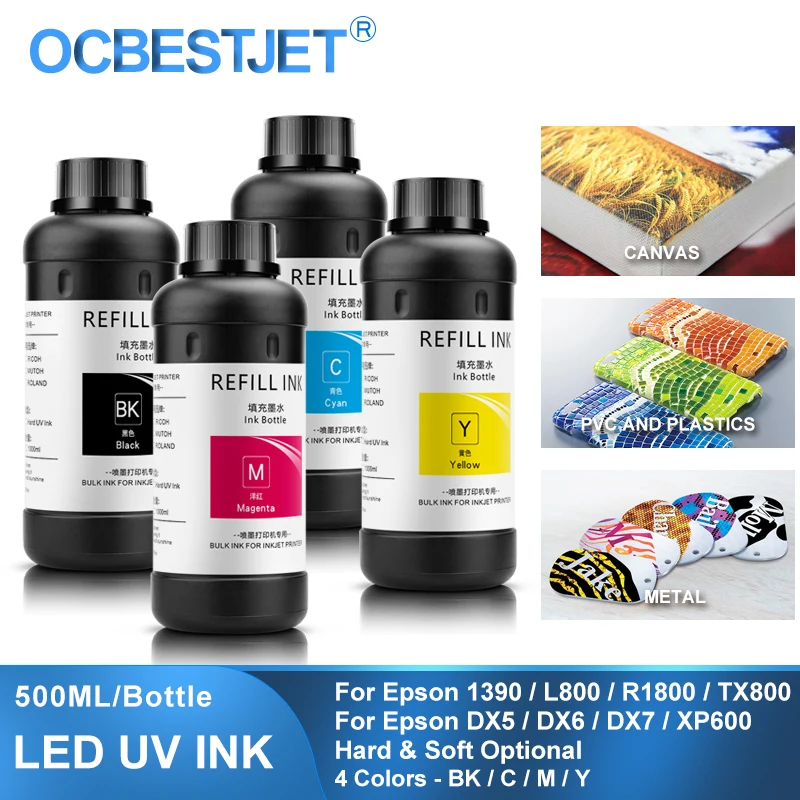 4×500ML LED UV Ink For DX4 DX5 DX6 DX7 DX10 TX800 XP600 Printhead For Epson 1390 L800 L1800 L805 R1800 R1900 UV Modified Printer