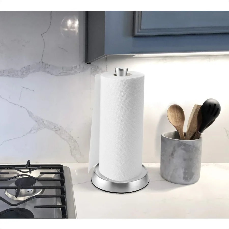 Perfect Tear Low Profile Stainl Steel Countertop Paper Towel Holder One Handed Pull No Unraveling Weighted Base to Prevent Tipp