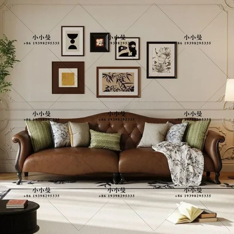 Genuine leather American vintage small apartment, traditional black brown sugar living room cloud French straight row sofa