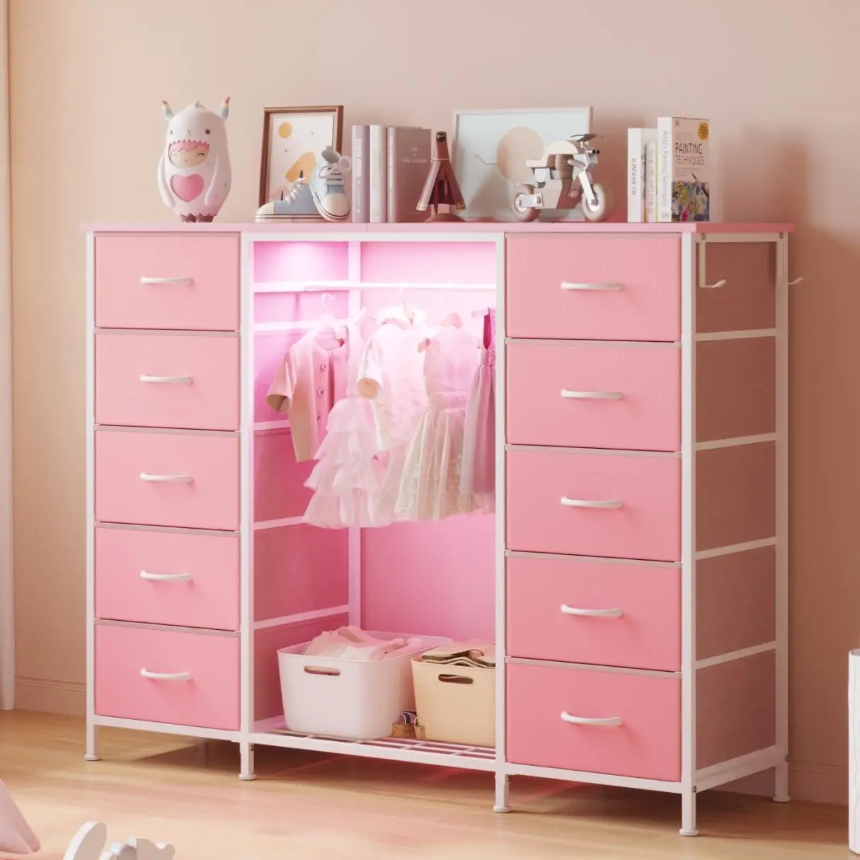 

2-in-1 Dresser with Hanging Rack, 10 Drawers Dresser for Bedroom,Dressers with Fabric Drawers,LED Lights, Charging Station an