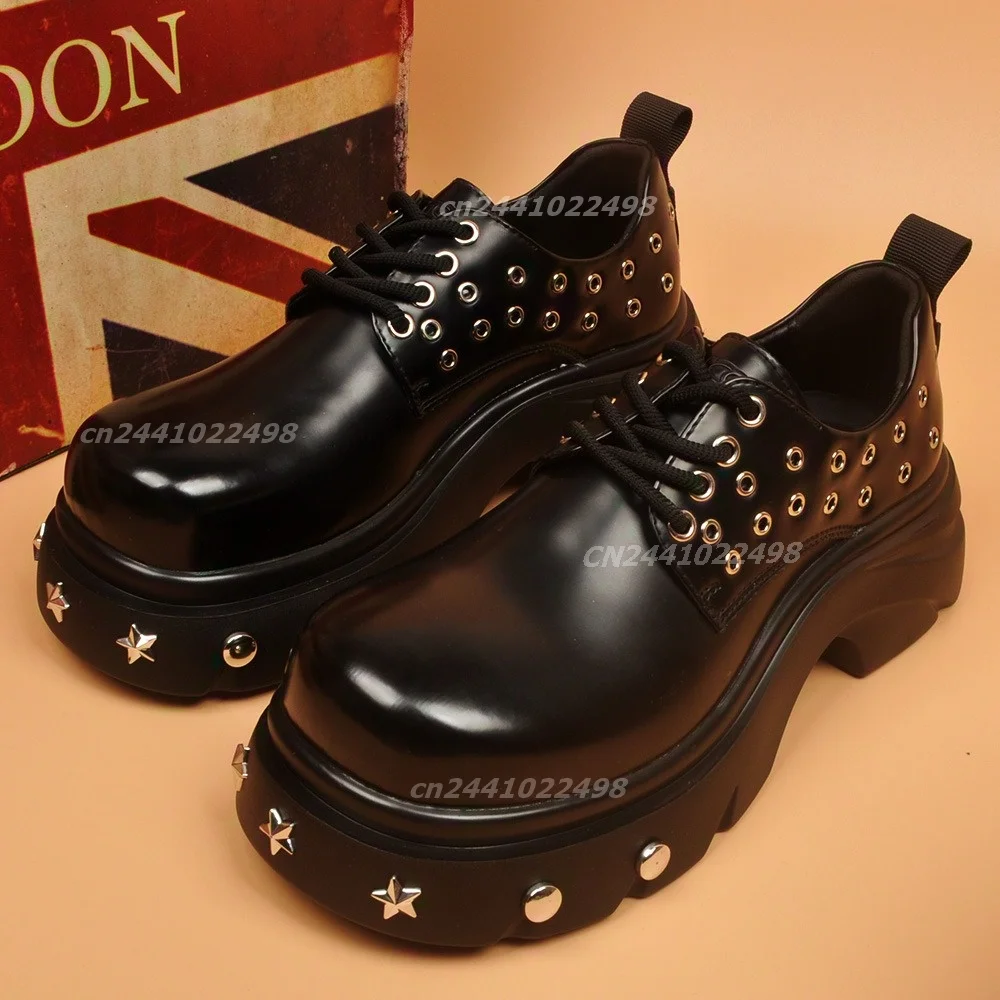 Men's Vintage Empolished Matte Leather Lace up Oxfords Punk Style Metal Studded Decor, Platform Round Toe Thick Sole Shoes